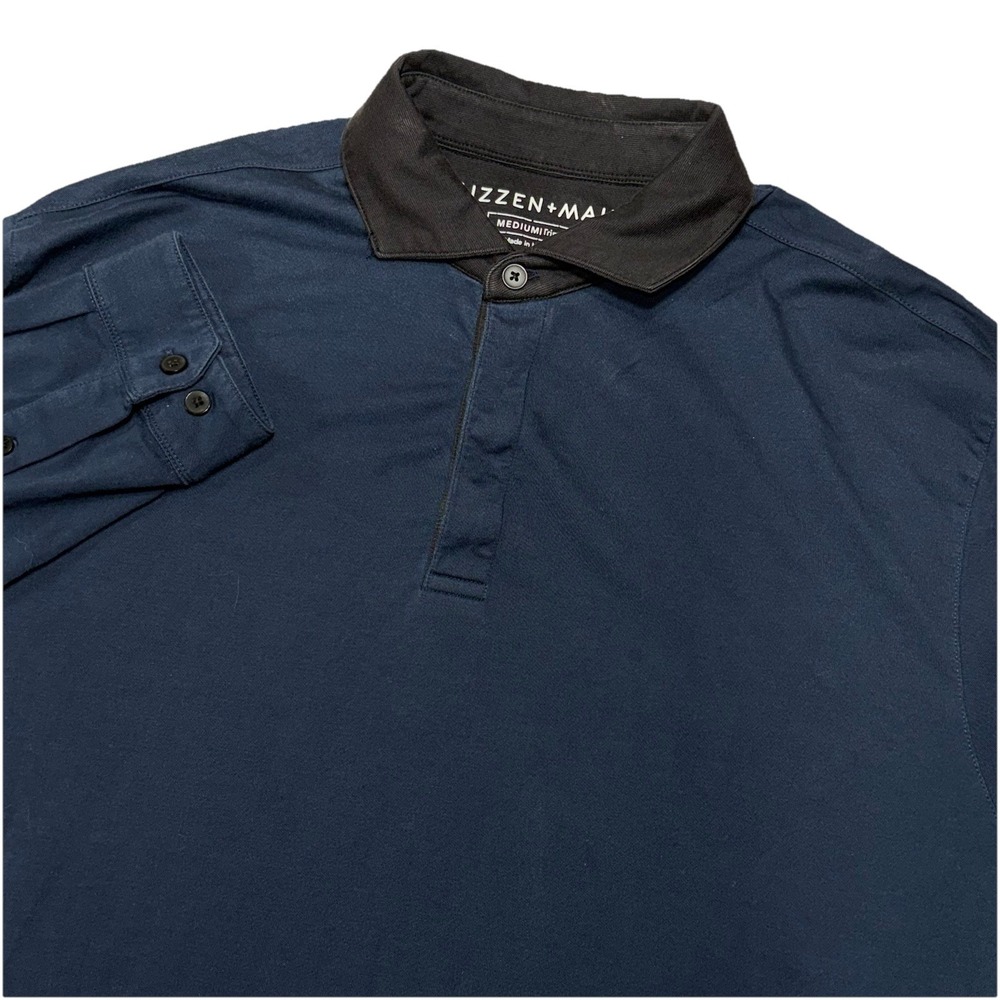 Mizzen+Main Kent Long Sleeve Polo Shirt Mens M Trim Navy Blue Contrast Collar